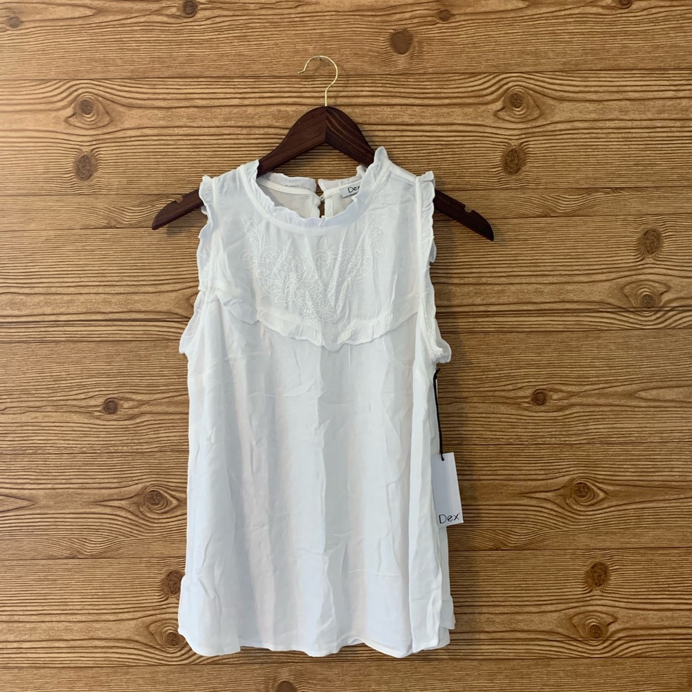 DEX WHITE SWEET SLEEVELESS TANK EMBROIDERY RUFFLE